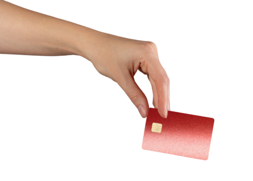 Hand holding red glossy bank card with chip, concept of modern finance, secure payment, cashless