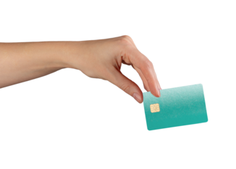 Hand holding turquoise bank card with chip, concept of modern finance, secure payment, electronic