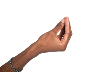 Hand in pinching gesture with thumb and forefinger close together, holding invisible tiny object,