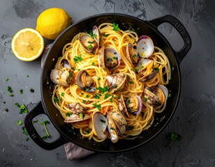 Delicious Spaghetti alle Vongole seafood pasta dish with lemon.
