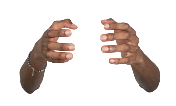 Hand open in giving gesture, both arms outstretched with cupped fingers holding invisible object.