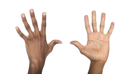 Hand open with palm and fingers apart, raised in greeting or waving gesture, black human