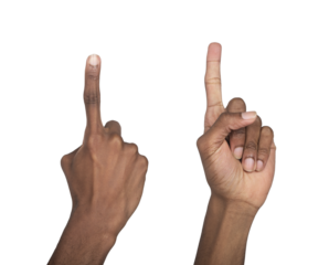 Hand raised with finger pointing upward, index extended to touch or press invisible button, gesture