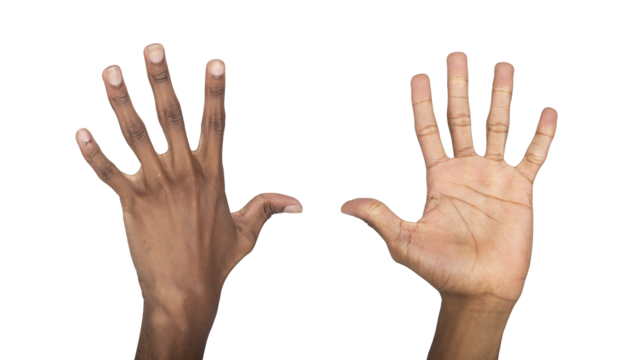 Hand open with palm and fingers apart, raised in greeting or waving gesture, black human