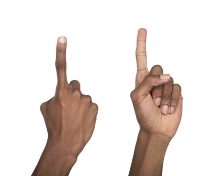 Hand raised with finger pointing upward, index extended to touch or press invisible button, gesture
