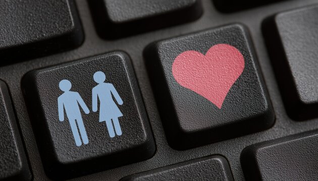 Computer Keyboard Symbols Of Man And Woman With Heart: Internet Dating - A Description Of Keyboard Keys Representing Genders And Love For Online Dating.