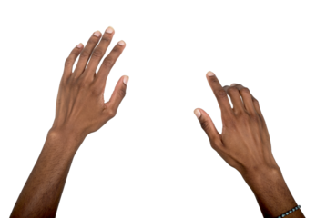 Hand stretching forward in reaching gesture, both arms outstretched to grasp invisible object in