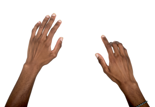 Hand stretching forward in reaching gesture, both arms outstretched to grasp invisible object in