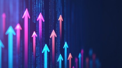 A vibrant digital graphic featuring upward-pointing arrows in pink and blue, symbolizing growth and progress against a dark background.