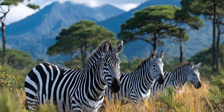 a family of zebras grazing in the grasslands, with a baby zebra and its mother