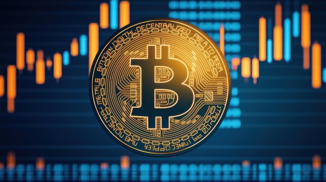 A digital representation of Bitcoin, highlighted against a fluctuating financial graph, illustrating trends in cryptocurrency values.