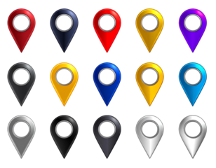 Location pins set including purple, yellow, red, black, blue, and metallic silver sty