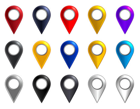 Location pins set including purple, yellow, red, black, blue, and metallic silver sty