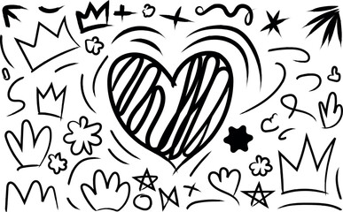 Black and white doodle pattern with hand drawn elements and heart