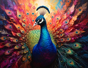 A majestic peacock displays its vibrant, iridescent plumage against a colorful, abstract background. Its crest and gaze stand out
