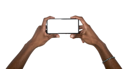 Phone in African hand held horizontally, black man using smartphone with both arms visible, mobile
