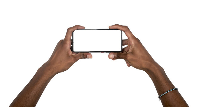 Phone in African hand held horizontally, black man using smartphone with both arms visible, mobile