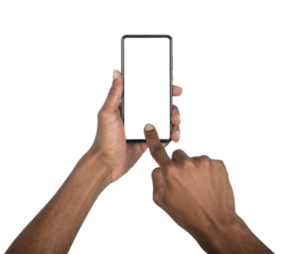 Phone in african hand with finger touching screen, user interacting with smartphone interface,