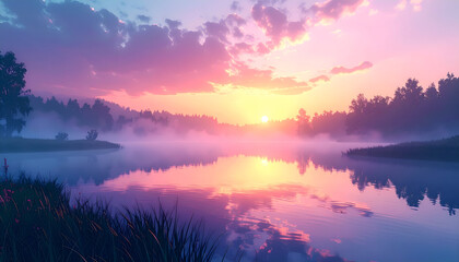 Fototapeta premium Serene Lake Landscape with Foggy Horizon and Reflected Sunrise in Pastel Hues under a Cloudy Sky Near Dark Forest