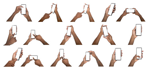 Phone in hand with finger scrolling screen, male user interacting with smartphone device, modern