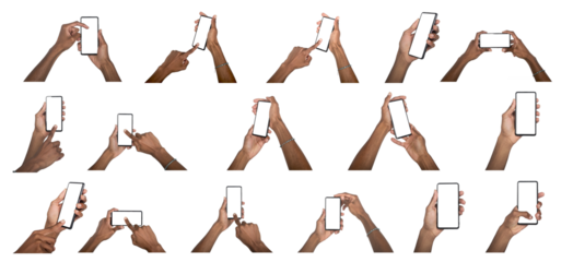 Phone in hand with finger scrolling screen, male user interacting with smartphone device, modern