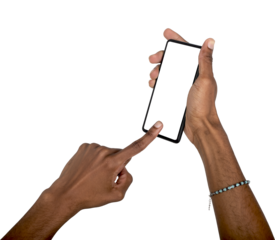 Phone in hand with finger tapping screen, black skin man interacting with smartphone interface in