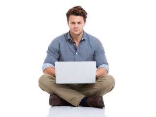 Man working on laptop, white isolate background