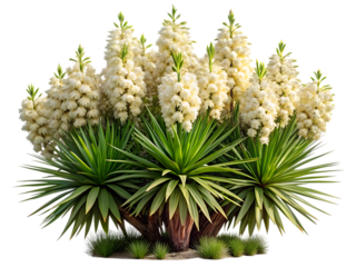 Blooming yucca bush displaying abundant white flowers and green strappy leaves isolated