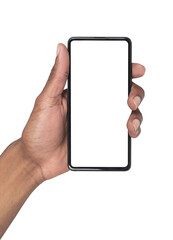 Phone in hand with screen facing front, black man holding smartphone in vertical position for