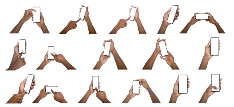 Phone in hand with finger scrolling screen, male user interacting with smartphone device, modern