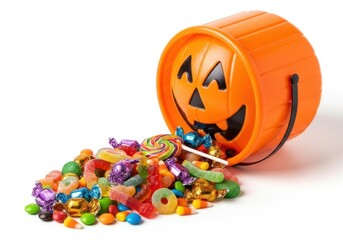 Spilled halloween candy bucket with assorted sweets overflowing onto a white background isolated on white background