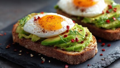 Delicious Avocado Sandwich With Poached Egg And Freshly Sliced Avocado On Toasted Bread - Perfect For A Healthy Breakfast Or Snack! Plenty Of Copy Space Included.