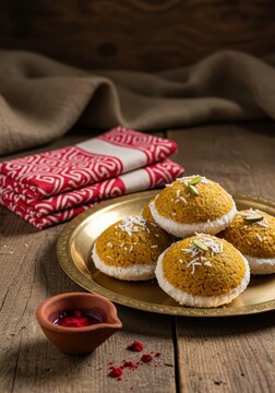 Authentic Bhapa Pitha Traditional Bengali Steamed Rice Cake with Coconut and Date Palm Jaggery on Rustic Wood