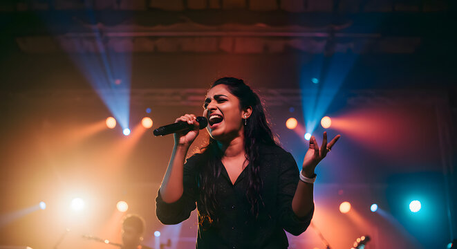 Energetic Woman Singing with Microphone on Stage