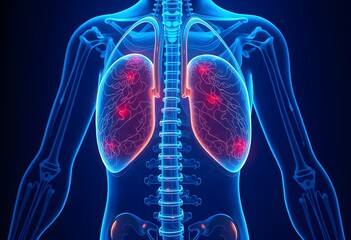 Illustration of a human torso with highlighted lungs showing areas of inflammation or infection in red.