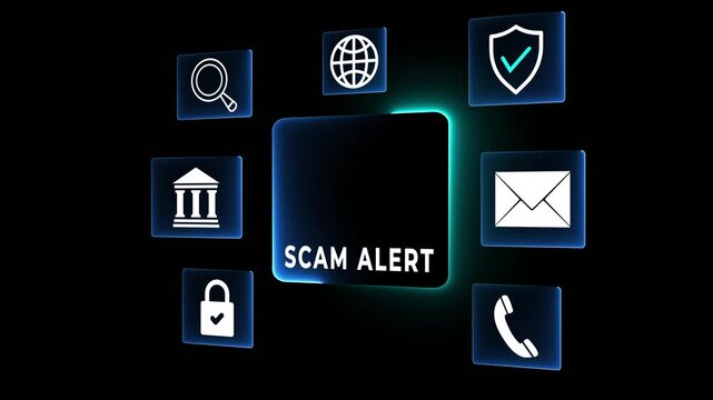 Scam alerts cybersecurity concepts on the transparent background.   Fraud alerts with icons indicating online threats and cybersecurity unknown persons suspicious scammers fraud. 4k video animation.