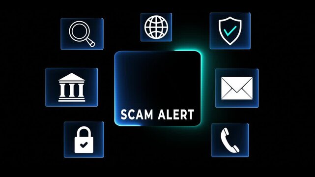 Scam alerts cybersecurity concepts on the transparent background.   Fraud alerts with icons indicating online threats and cybersecurity unknown persons suspicious scammers fraud. 4k video animation.