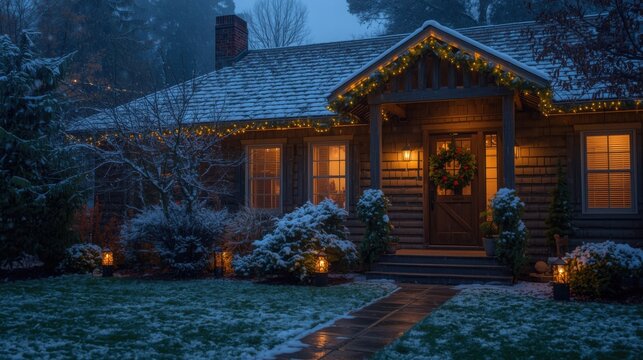 Charming christmas decorated house glows warmly on a snowy winter evening scene