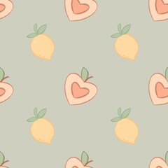 Soft gradient seamless pattern with peaches and heart icons in pastel dreamy palette for gentle romantic fruity decorative background