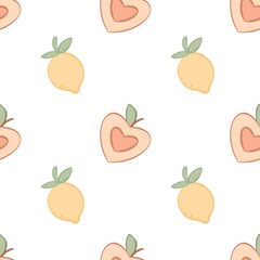 Bright seamless pattern with soft pastel peaches and leaves on light textured background for fresh organic fruit themed modern design