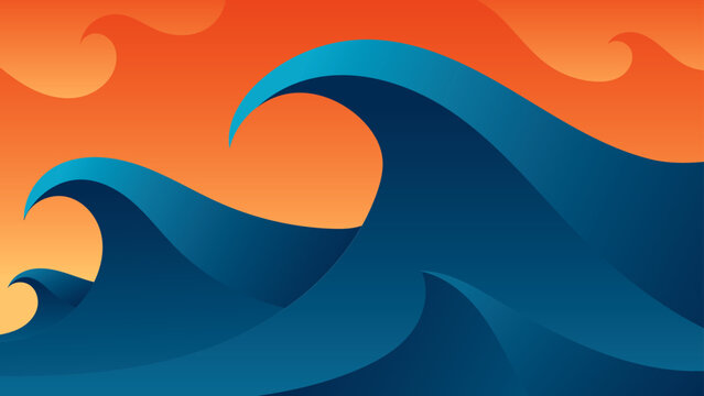 a beautiful waves and scenery of sunset on ocean. vector wallpaper, vector art, digital painting, background poster of rolling waves.