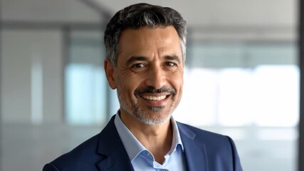 Smiling Hispanic businessman in suit with confident and successful in office.
