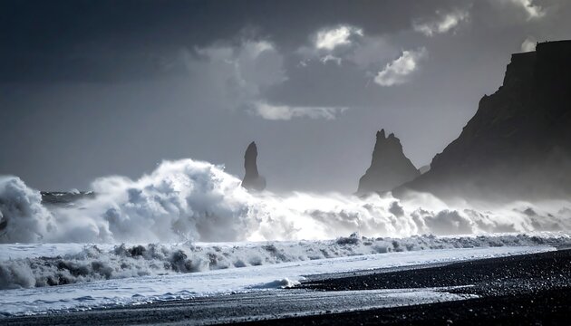A moody grayscale capture showing ocean waves crashing on a rocky beach - Powered by Adobe