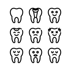 Nine black line art icons of teeth with various expressions and conditions tooth dental
