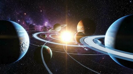 Watch the cosmic dance of planets orbiting a bright sun in a vast starfield, a stunning space exploration journey perfect for science visuals - Powered by Adobe