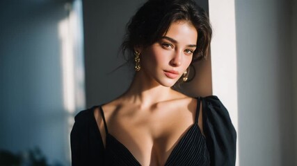 A sophisticated woman exudes elegance and confidence in natural daylight, set against a minimalist backdrop.