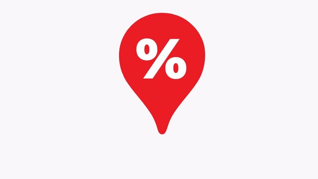 Red location pin shows a white percent symbol on white. Red pin with percent symbol is perfect for illustrating discounts or promotions on maps, websites, or marketing materials. Ideal for travel or f