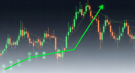 Graphical chart shows financial data with green up arrow, indicating positive market trend, investment growth, and economic progress, for finance theme