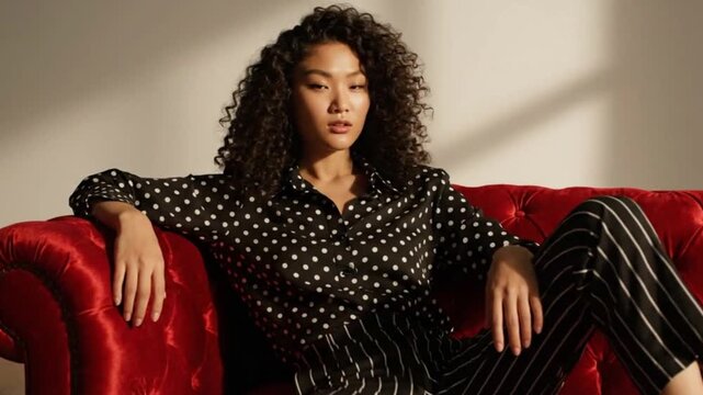 A woman with curly dark hair sits on a red velvet couch, wearing a black and white polka dot shirt and striped pants, looking down