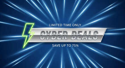 Image of silver tag with inscription Cyber Deals on blue radial background. Represents electronic sale, offers, and saving percentage discounts